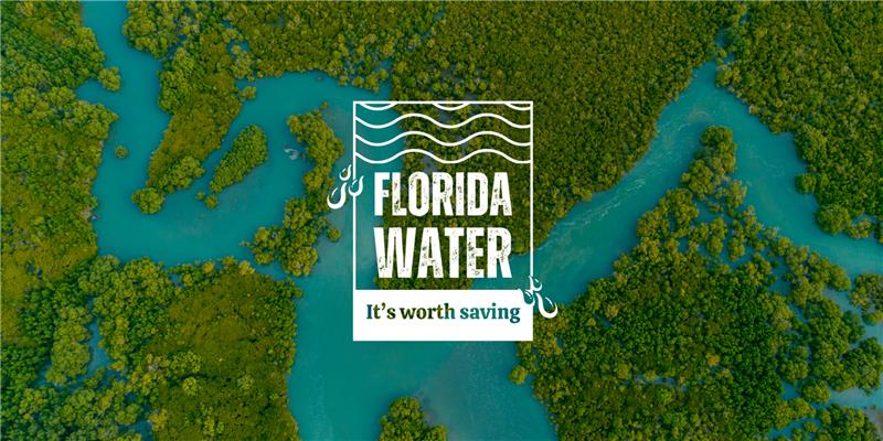 Aerial photo of Florida waterways with a graphic reading Florida Water: It's Worth Saving